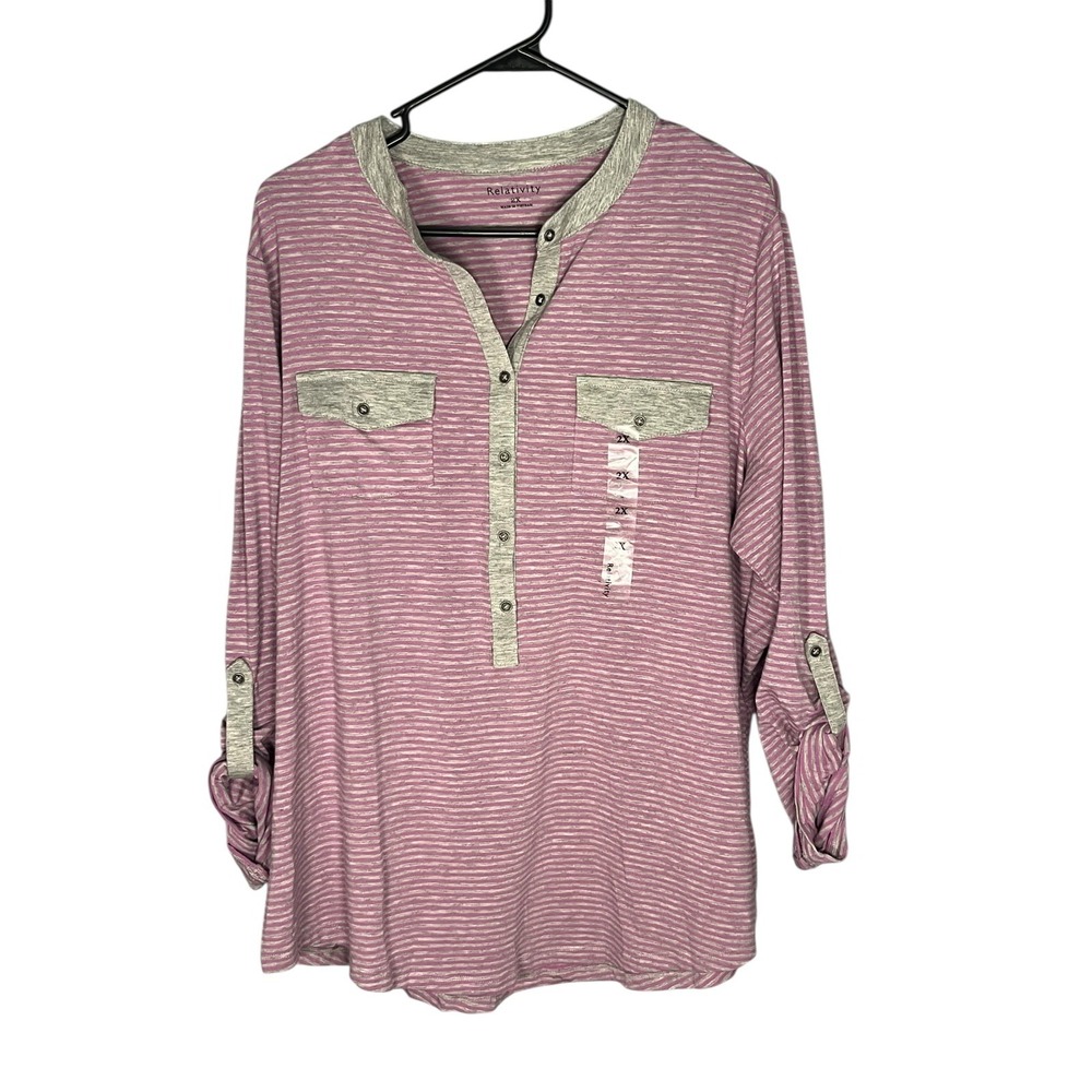 Relativity NWT Women's Roll‎ Up Long Sleeve Striped Top Shirt 2XL